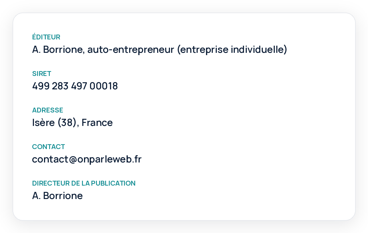 Coordonnées légales de l'éditeur du site, présentées en image. Pour toute demande : contact@onparleweb.fr